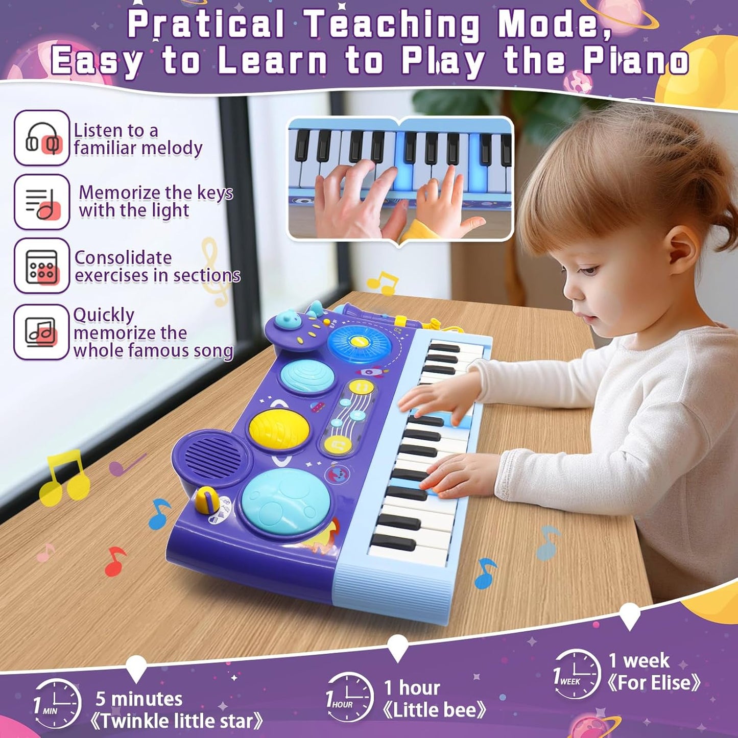 Mostop Toddler Musical Toys 5 in 1 Piano Keyboard Xylophone Drum with Microphone, DJ Table Instruments Learning Toys with Lights for Boys Girls Age 2-5, Kids Piano Drum Set Christmas Birthday Gift