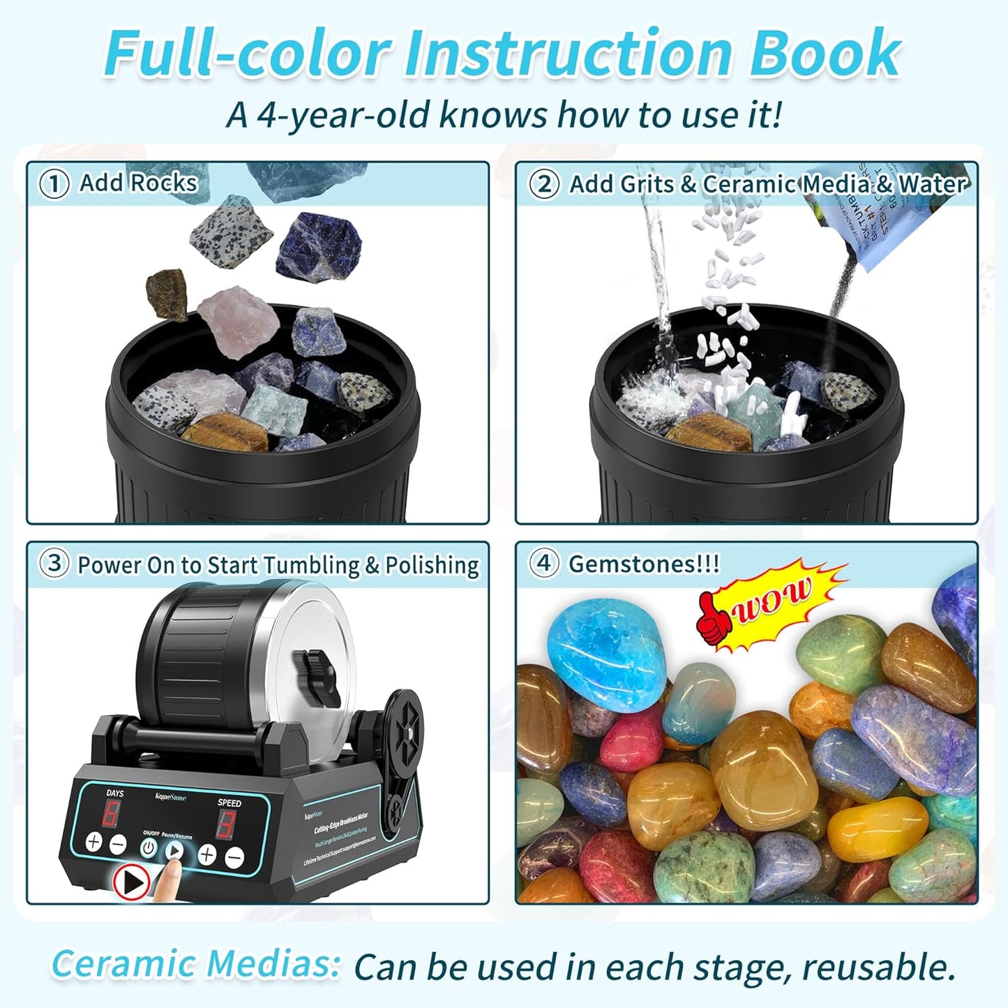 K1 Pro Professional Cutting-Edge Brushless Motor Advanced Rock Tumbler Polisher Kit, Extra Large 2.5Lb Barrel with 3-Speed Motor 9-Day Timer, Belts, Rough Gemstones, 4 Polishing Grits etc.