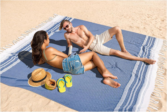 Oversized Turkish Beach Towel Blanket XXL Cotton Sandproof Towels Boho Woven Extra Large Big Sand Free Giant Throw Thick Blankets Huge Quilt XL Picnic Camping Necessities Cloud For Adult Gifts Blue