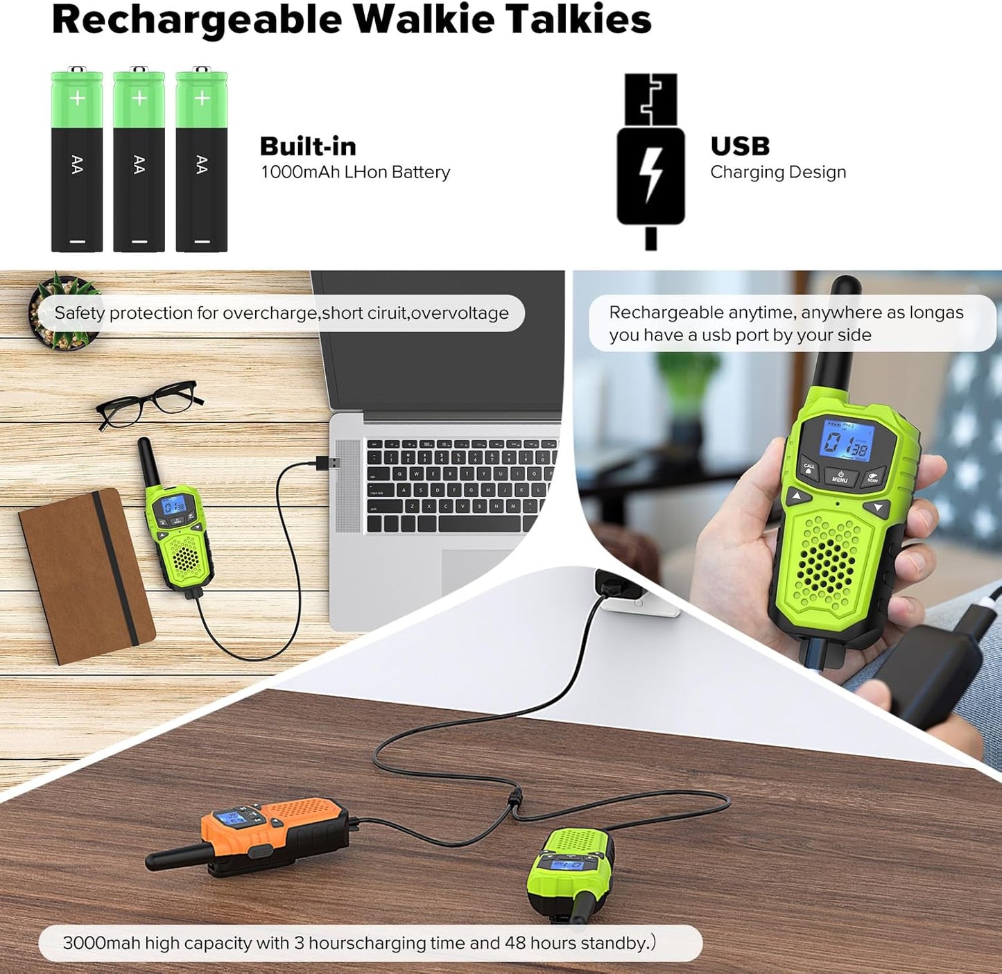 Walkie Talkies for Adults- WokTok Long Range Two Way Radio for Camping Hiking Hand Held Hiking Accessories Camping Gear Xmas Birthday Gift for Kids,SOS Siren,NOAA Weather Alert,4 Radios