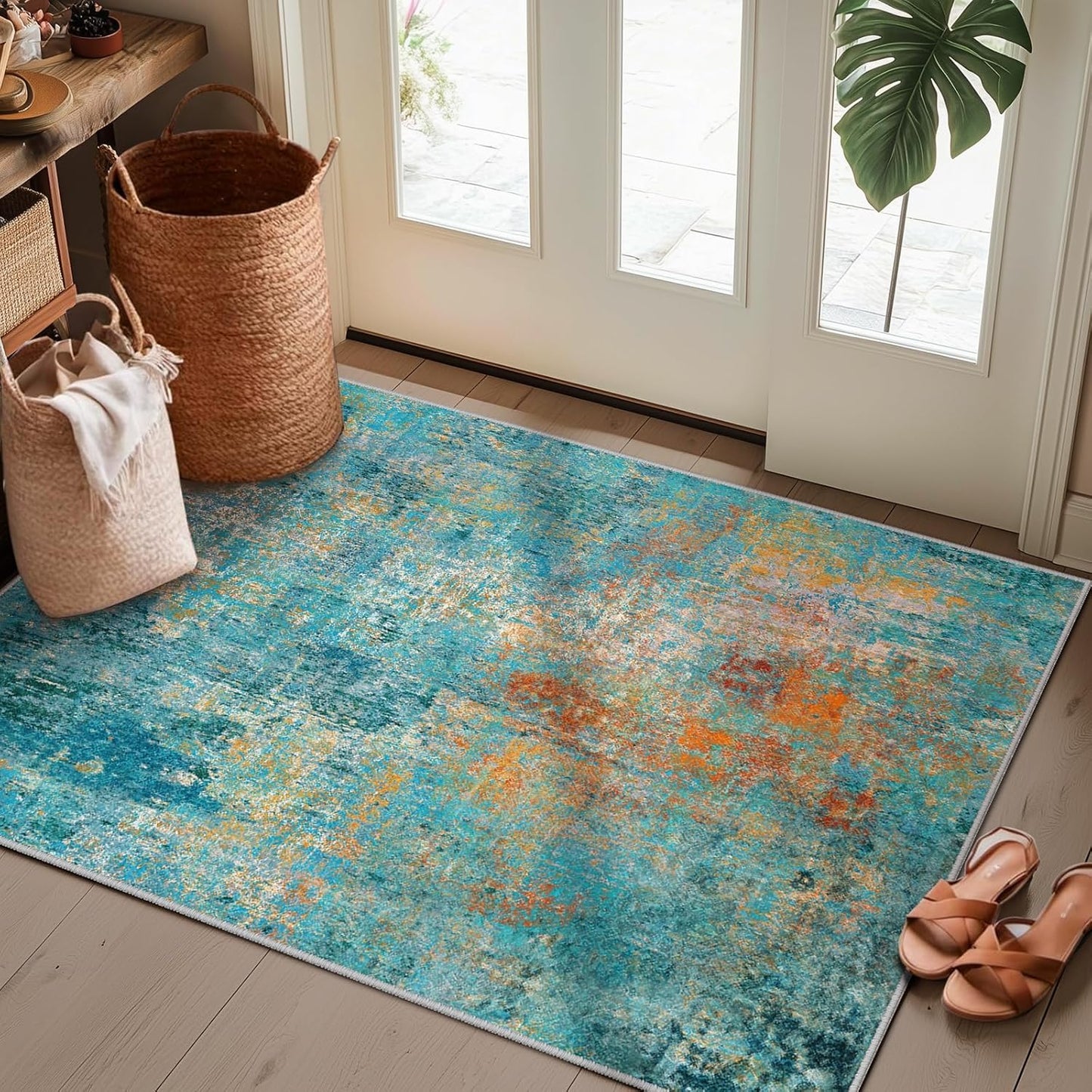 Washable Area Rugs 2'x3' Non-Slip Modern Abstract Soft for Living Room Entryway Bedroom Nursery, Print Pattern, Teal Blue Green Orange Rust Red Colorful