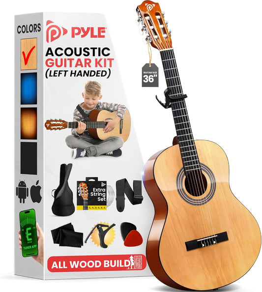 Pyle Left Handed Beginner Acoustic Guitar Kit, 3/4 Junior Size All Wood Build Nylon String Instrument with Capo, Strap, Extra String Set, Gig Bag, Guitars for Beginners Adults Youth, 36" Natural Gloss