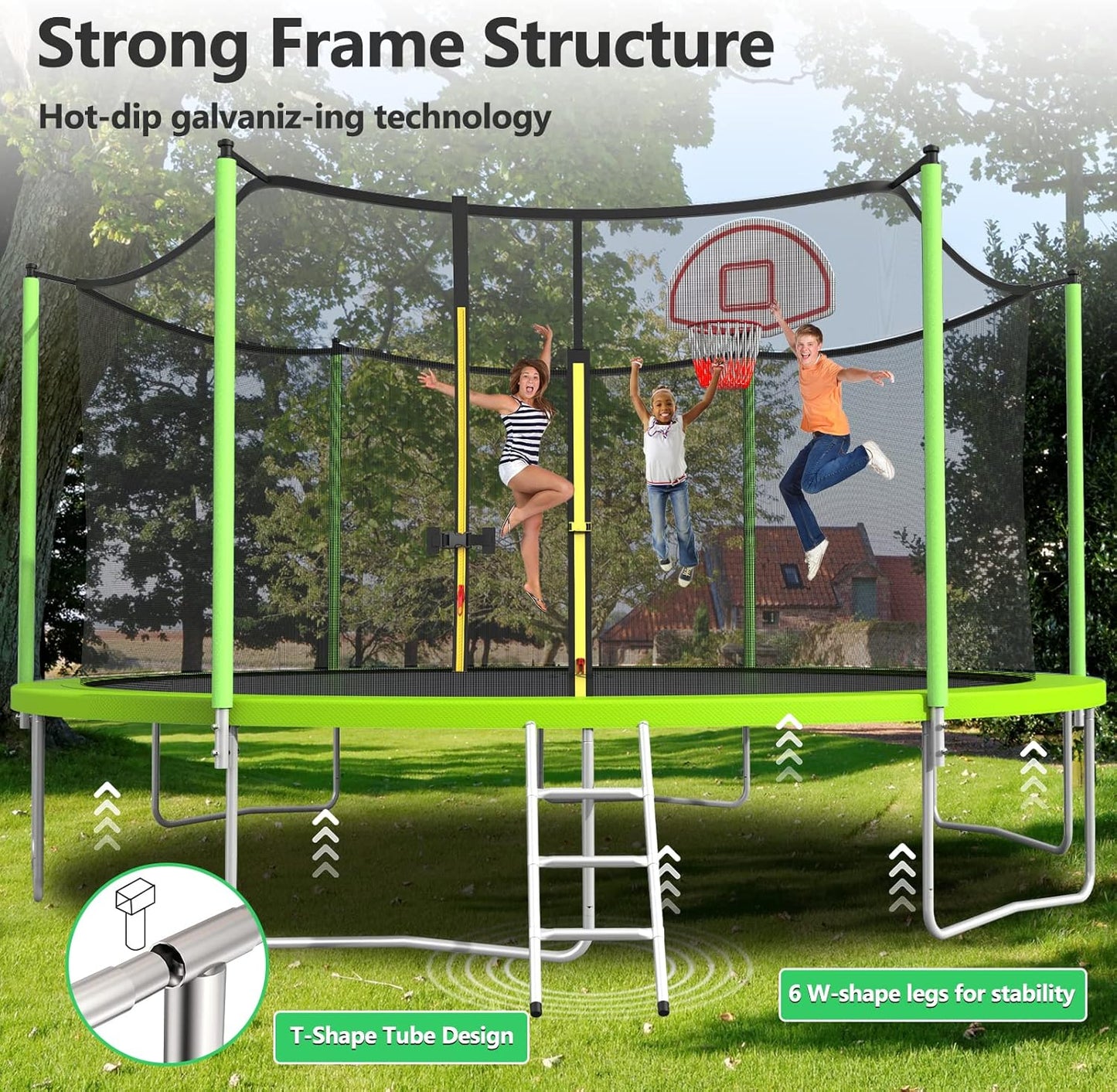 Upgraded 10/12/14/15/16FT Trampoline Outdoor, Large Kids Trampoline with Light, Stakes, Sprinkler, Backyard Trampoline with Basketball Hoop and Net, Capacity for 4-6 Kids and Adults