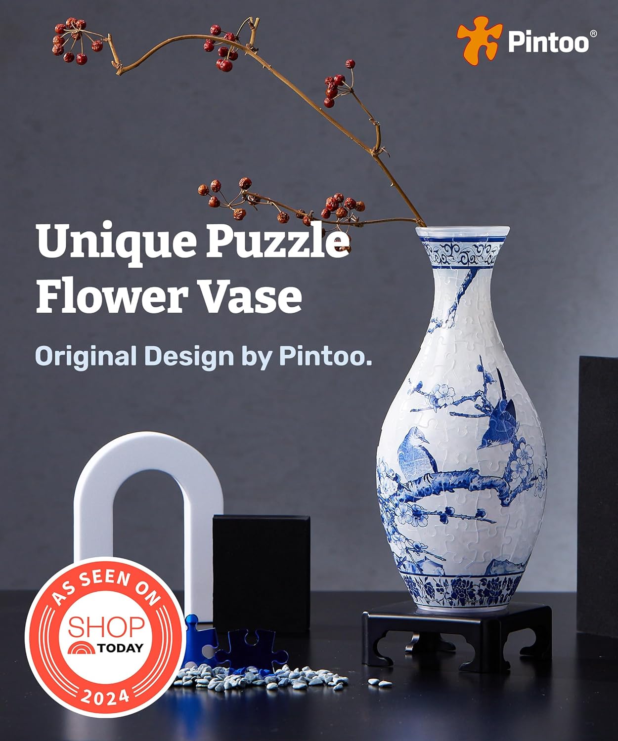 Pintoo 3D Puzzle Vase Unique Flower Vase Made by 160 Curved Plastic Puzzle Pieces House Warming Gift for Flower Arrangements and Home Decoration - [S1025] (Translucent, Magpies on Plum Tree)