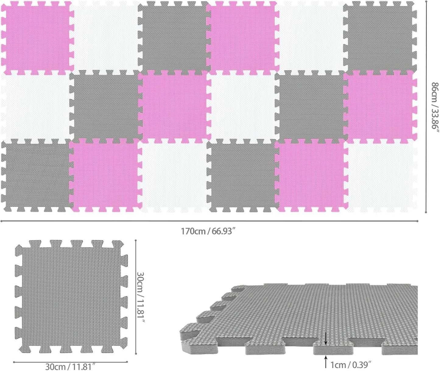 qqpp EVA Rubber 18 Tiles Interlocking Puzzle Foam Floor Mats - Baby Play Mat for Playing | Exercise Mat for Home Workout. White, Pink, Gray. QC-ACLb18N