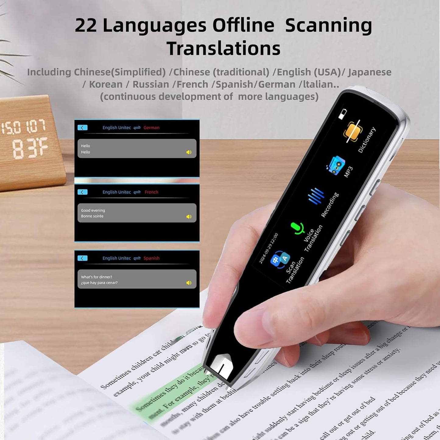 Translator Pen for Dyslexia & Language Learning - 112 Languages Voice Translation Device with Offline Mode, Text Excerpt & Portable Scan Reader Pen for Kids/Adults (Grey)