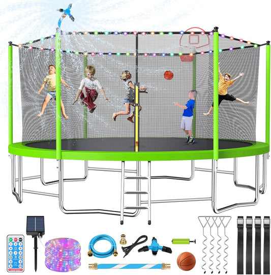 Upgraded 10/12/14/15/16FT Trampoline Outdoor, Large Kids Trampoline with Light, Stakes, Sprinkler, Backyard Trampoline with Basketball Hoop and Net, Capacity for 4-6 Kids and Adults