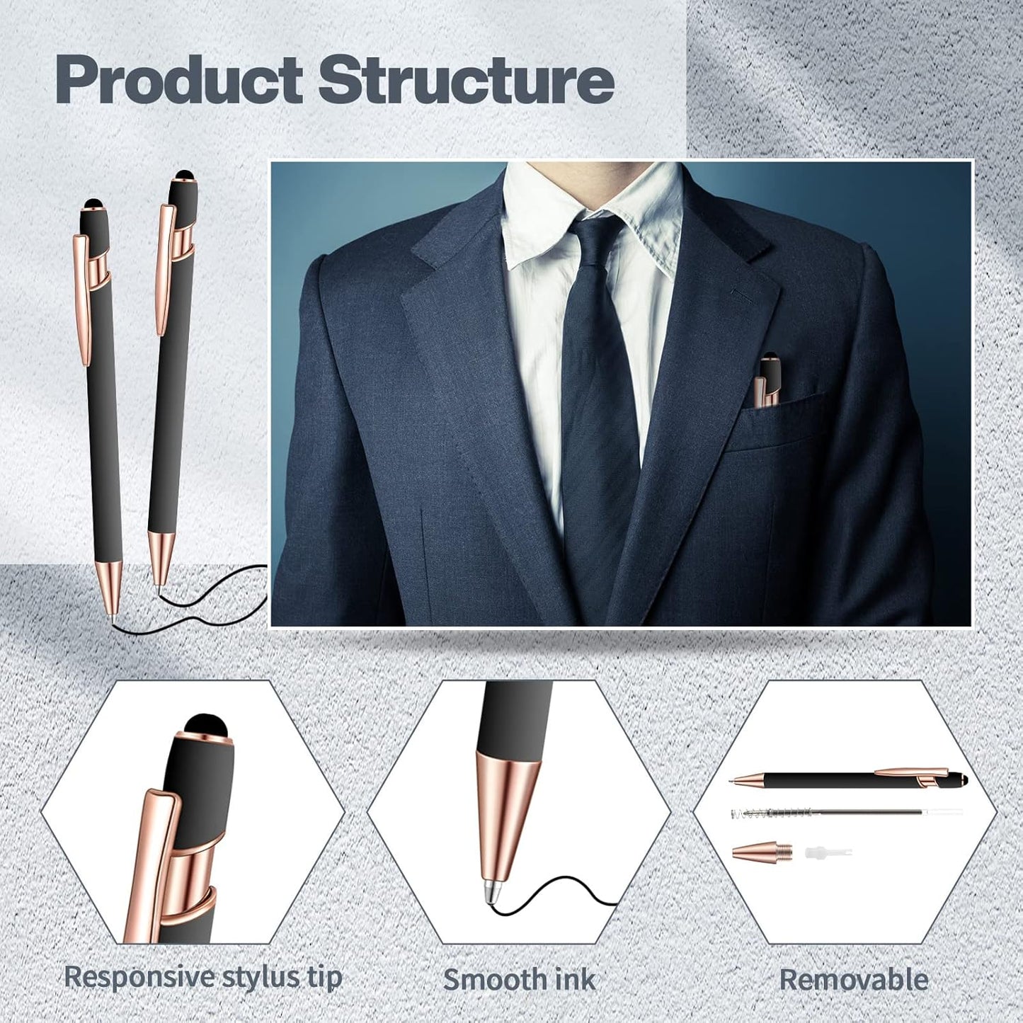 8 Pieces Ballpoint Pen with Stylus Tip Black Ink 2 in 1 Stylus Metal 1.0 mm Medium Point Smooth Pen Rainbow Colorful Rubberized Ballpoint for Touch Screen Tablet(Gray)