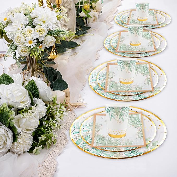 280 Pcs Greenery Plates and Napkins Party Supplies - Serves 35 People - Sage Green Gold Paper Plates Party Cups Forks Knives Spoons Straws Greenery Theme for Baby Showers, Bridal Showers, Tea Parties