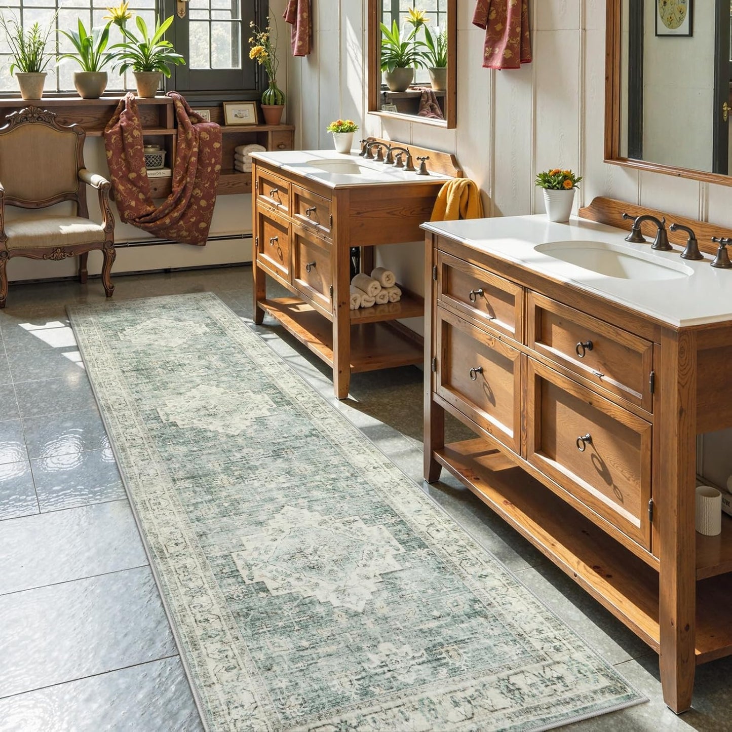 LIVEBOX Washable 2.5x8 Runner Rugs for Entryway Bathroom, Boho Kitchen Floor Mats Long Rug Runners for Hallways Non Slip, Farmhouse Low-Pile Carpet Runners for Laundry Room, Sage Green