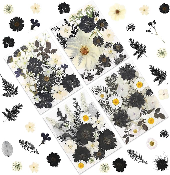 90P Black & White Dried Flowers for Crafts, Real Natural Pressed Flowers in Halloween-Style Tones for Resin Art, DIY Crafts, Jewelry & Candle Decor – Tweezers Included