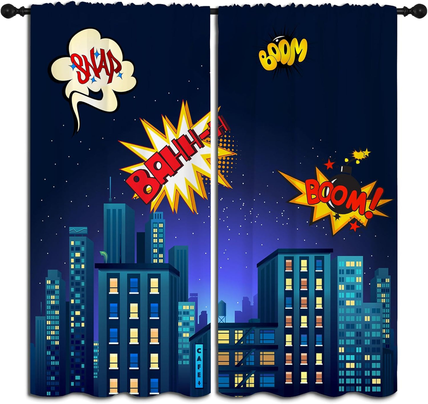 Superhero Rod Pocket Blackout Curtains for Boy Girl Bedroom, Cartoon Skyline Buildings Cityscape Thermal Insulated Home Window Drapes for Living Room Darkening, 72x63 inch