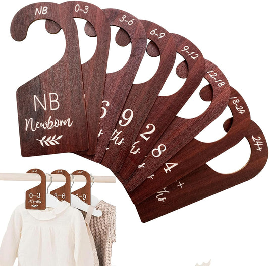 Baby Closet Dividers, Hanging Wooden Double-Sided Nursery Decor Closet Dividers for Baby Clothes, Baby Clothes Dividers for Newborn to 24 Months Size Clothes (Brown, 8pcs)