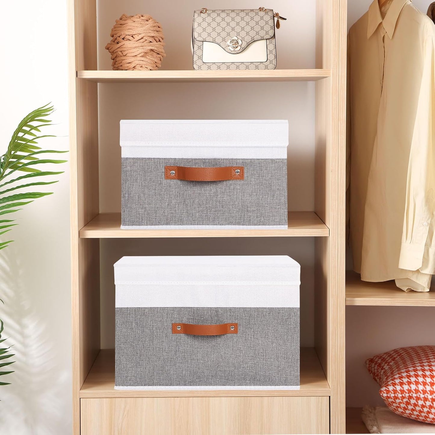 Fabric Storage Bins with Lids, 1 Pack Linen Foldable Cloth Baskets, 15 x 9.8 x 9.8 Inch Closet Organizer Containers with Double Handles, Sweater Boxes for Bedroom, White and Grey