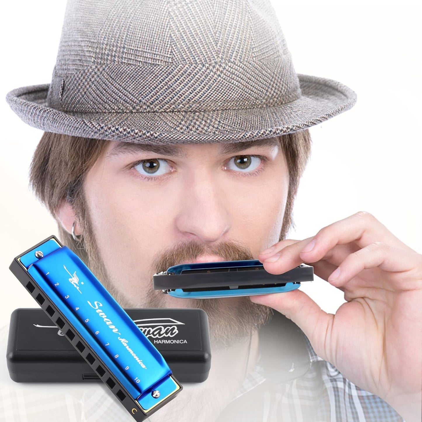 SWAN Blues Harmonica Key of C Mouth Organ Diatonic Harmonica with Case, 10 Hole 20 Tones Stainless Blues Harp for Adults, Beginners and Professional (Sapphire Blue)