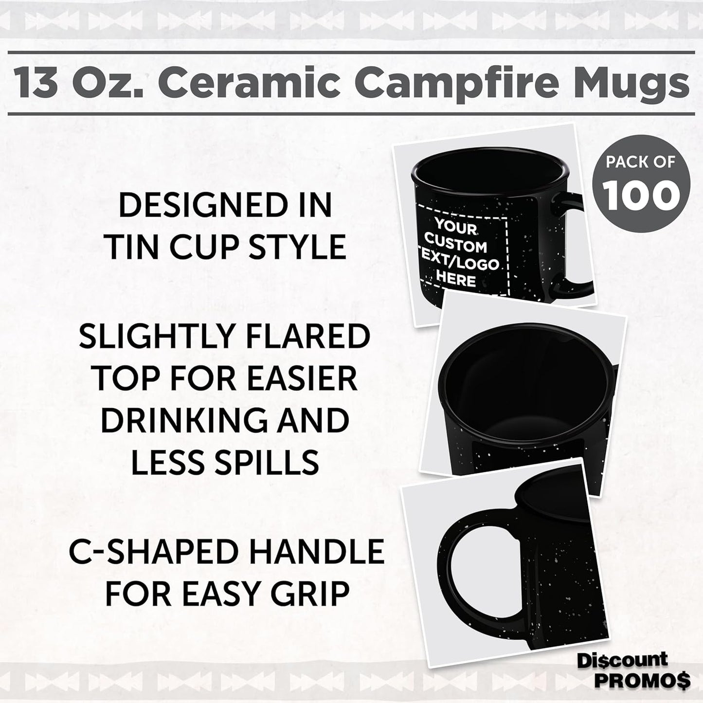 DISCOUNT PROMOS Custom Ceramic Campfire Coffee Mugs 13 oz. Set of 100, Personalized Bulk Pack - Perfect for Tea, Espresso, Cappuccino, Hot Cocoa - Black
