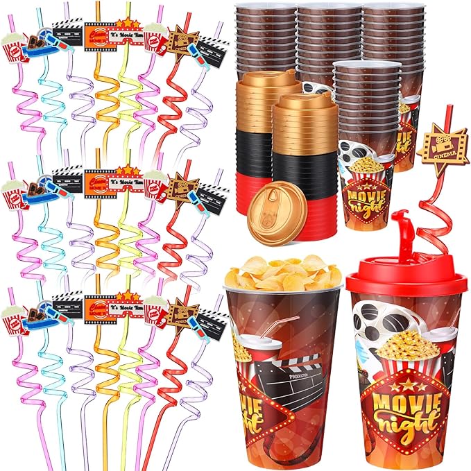 Yungyan 36 Sets Movie Night Party Favors Goodie Cups with Lids and Straws for Halloween Party Decorations Reusable 16oz Plastic Candy Cups Plastic Straws for Birthday Gift(Movie Night)
