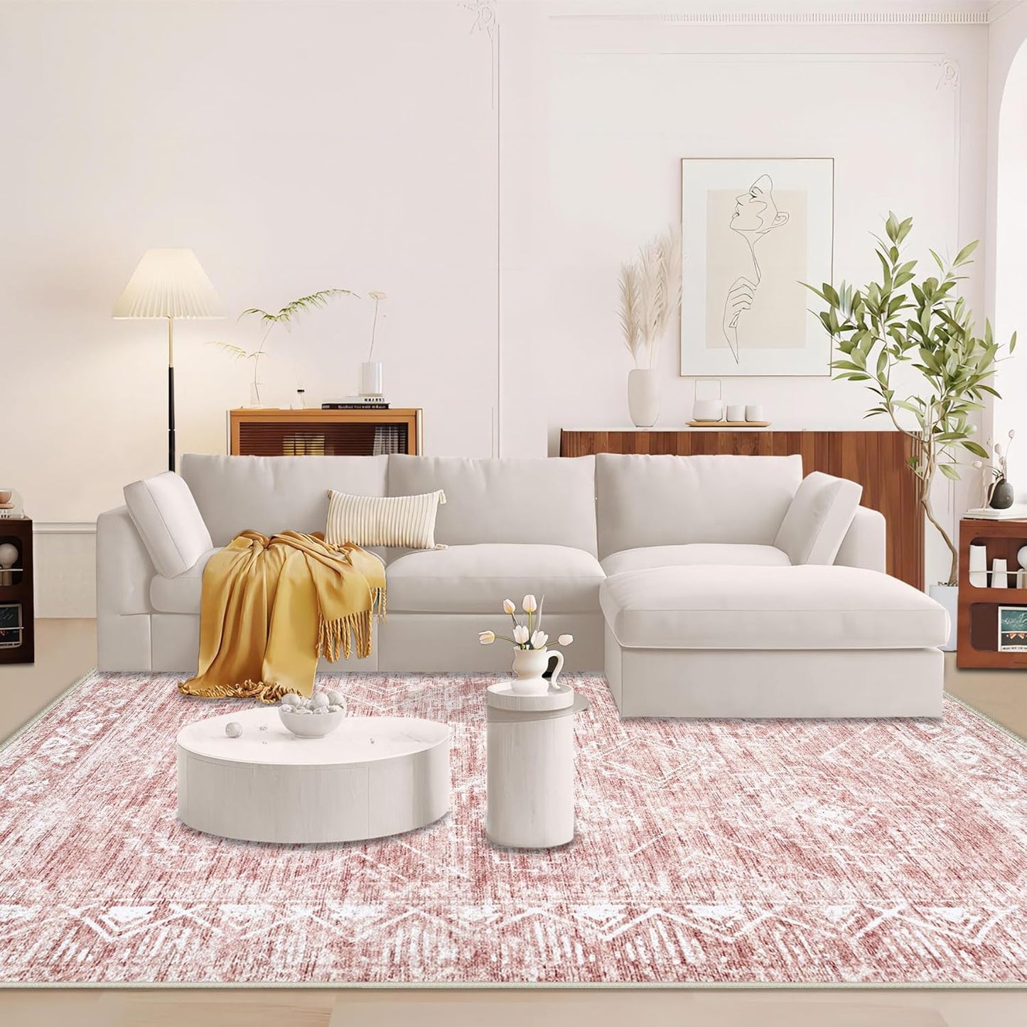 Moroccan Large Area Rug 6x9 - Soft Machine Washable Geometric Boho Distressed Farmhouse Rug Morden Stain Resistant Indoor Floor Carpet for Bedroom Dining Table Nursery Home Office(6'x9',Pink)