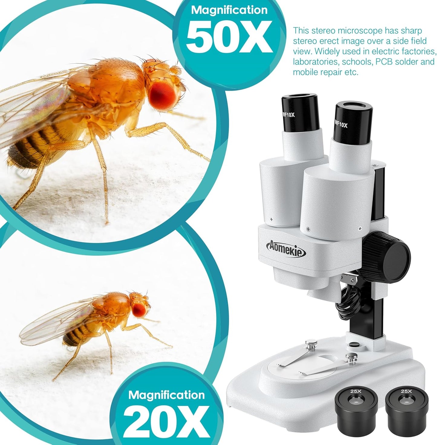 Aomekie® Microscope 20X 50X with 10Pcs Slides Insect Specimen Stereo Microscope with WF eyepieces LED Light Source Portable Stereoscope