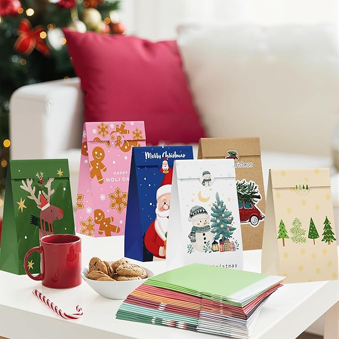 Riccioofy Christmas Treat Bags - 24 PCS Gift Bags with Stickers | CHRISTMAS Bags for Gifts | Xmas Party Favors for Kids | Small Christmas Gift Bags Assorted Sizes Baskets Decorations