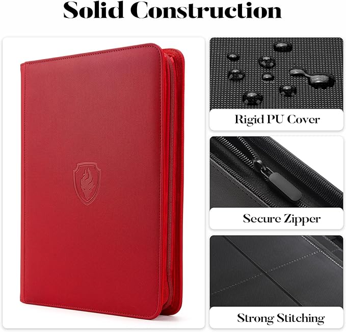 9 Pocket Zipper Card Binder, Fabmaker 360 Trading Card Holder Book, Premium PU Cover Zip Binder for Cards, Durable Side Loading Card Folders Album for MTG, TCG, Game Cards, Sports Cards, Red