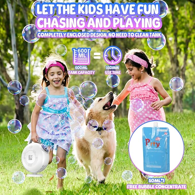 Bubble Machine, Automatic Bubble Blower for Kids Toddlers, 8000+ Bubbles Per Minute, 90° 200° Oscillating Electric Plug-in or Batteries Bubble Maker Toys for Outdoor Birthday Party - White