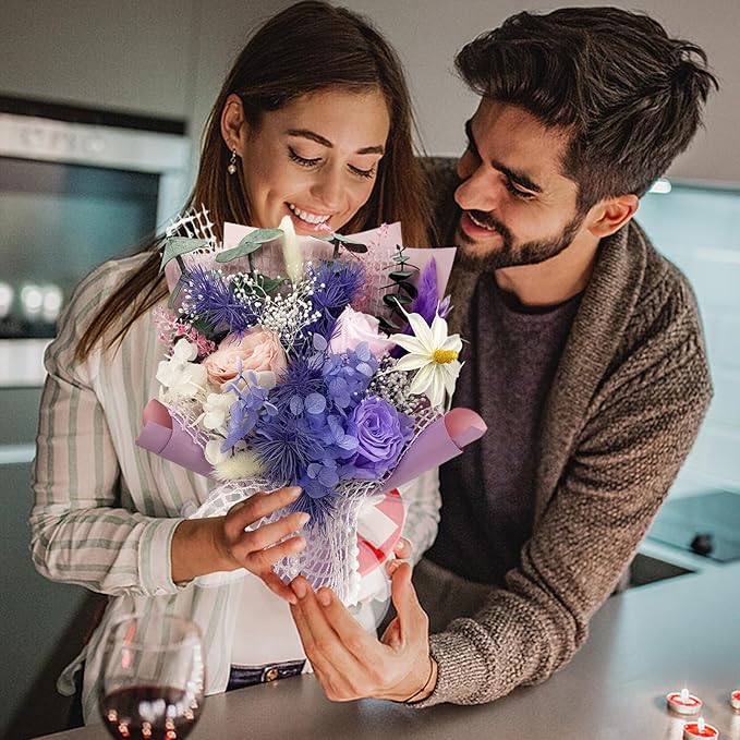 Preserved Flowers Bouquet Romantic Valentines Day Gift for Her LED Light 3 Preserved Real Rose for Delivery Christmas Mothers Day Birthday Gifts for Women Mother Wife Girlfriend (Purple)