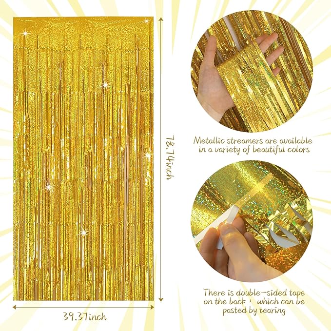 Tinsel Curtain Party Backdrop Gold Birthday Party Decorations 10 Packs Glitter Foil Fringe Curtain Party Decor Streamers Photo Booth for Birthday Christmas Wedding Halloween Graduation Decorations