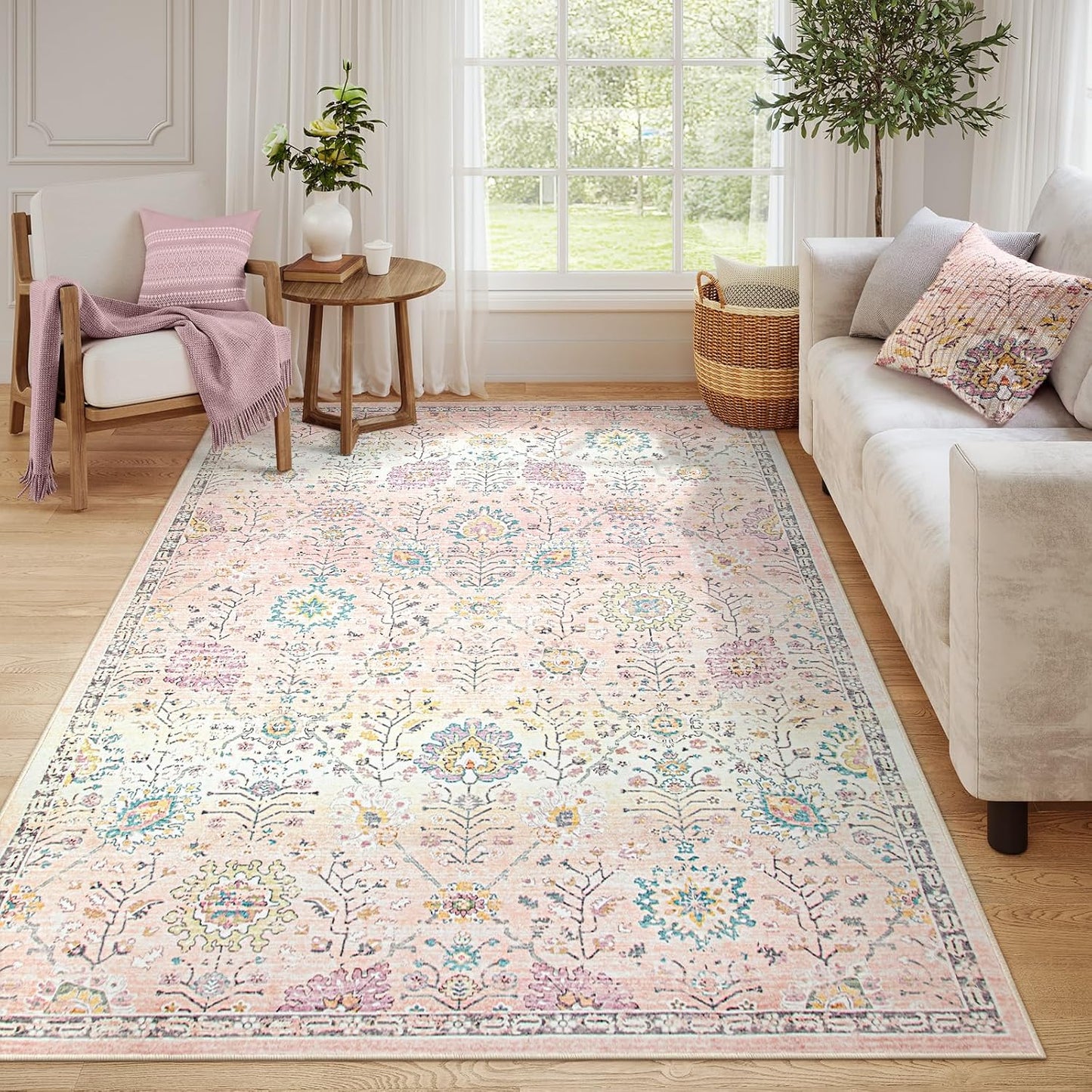 Lahome Light Pink Boho Rug, 6x9 Washable Rugs for Bedroom Girls, Soft Floral Kids Carpet with Non-Slip Backing for Nursery Playroom Kids Room