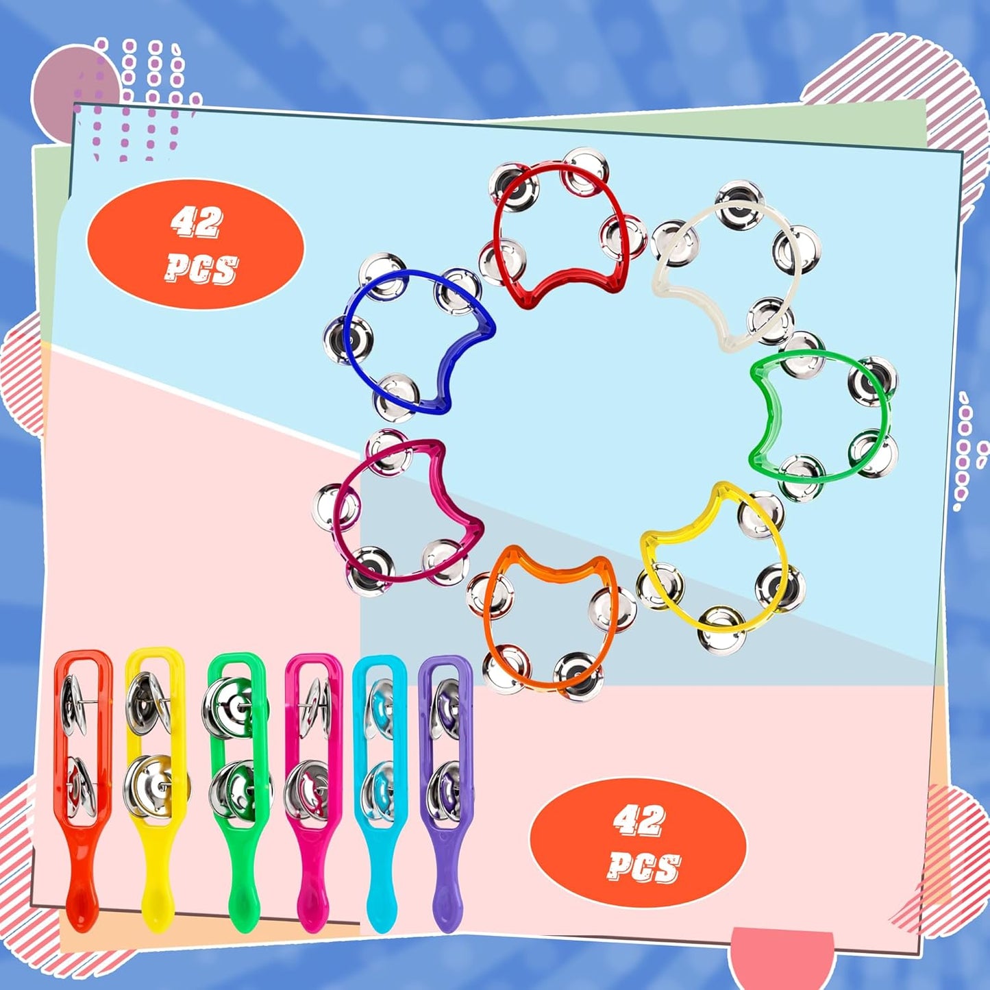 84 Pcs Musical Instruments for Kids 42 Plastic Handheld Tambourine Bells 42 Colorful Cymbals Percussion Shaker Noise Makers Rhythm Toy Set for Church Preschool Classroom