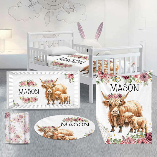 Custom Nursery Crib Bedding Set: Personalized Name 4 Piece Flower Highland Cow Design Baby Crib Sets for Baby Girls - Toddler Double Layer Blanket Set, Comfortable Crib Bed Sheets for Baby Toddlers