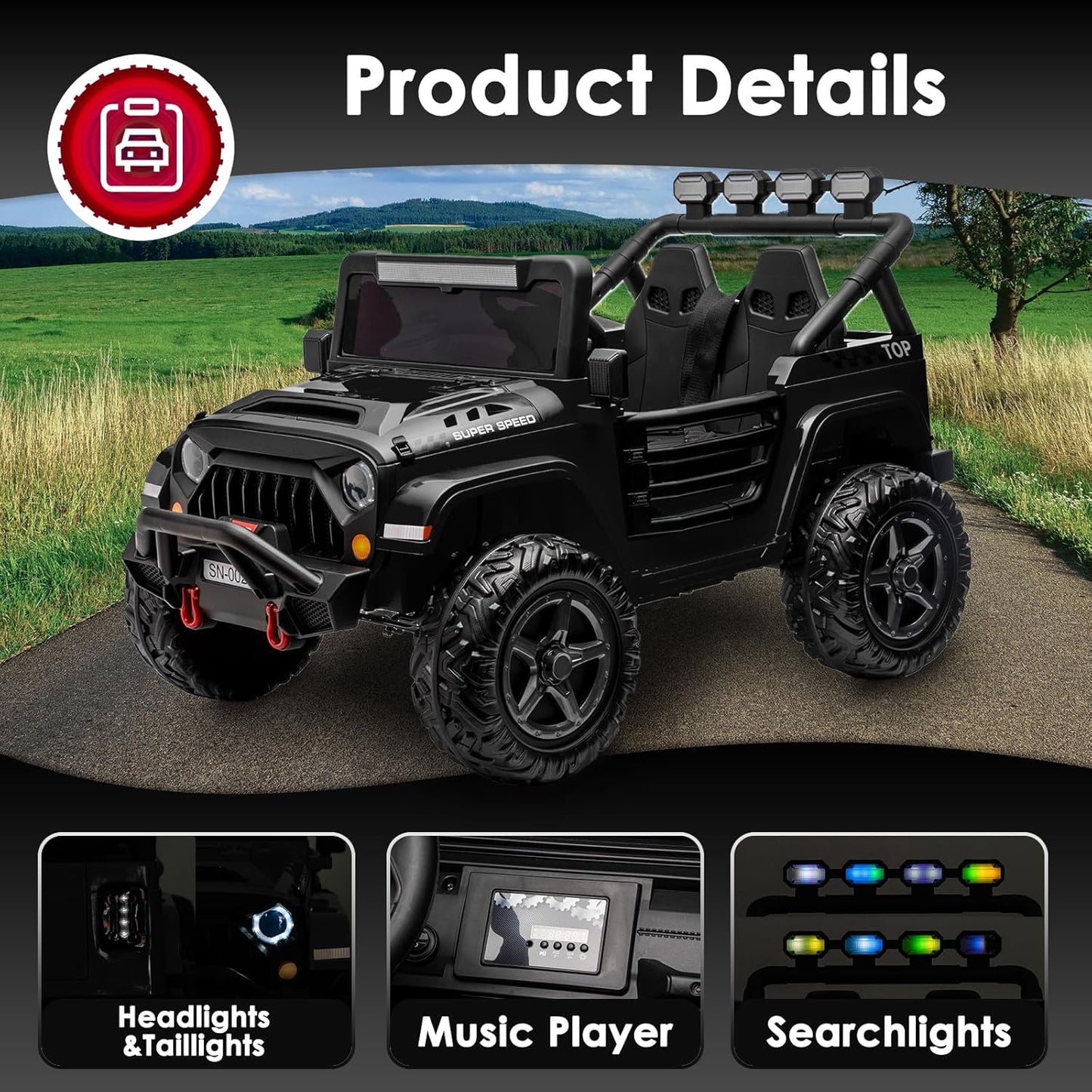 24V 2 Seater Ride On Truck with Remote Control 4WD Electric Car for Kids Ride On Car Battery Powered Ride On Toy Car with Music Player, LED Lights, Bluetooth, Rear Shock Absorber, Black