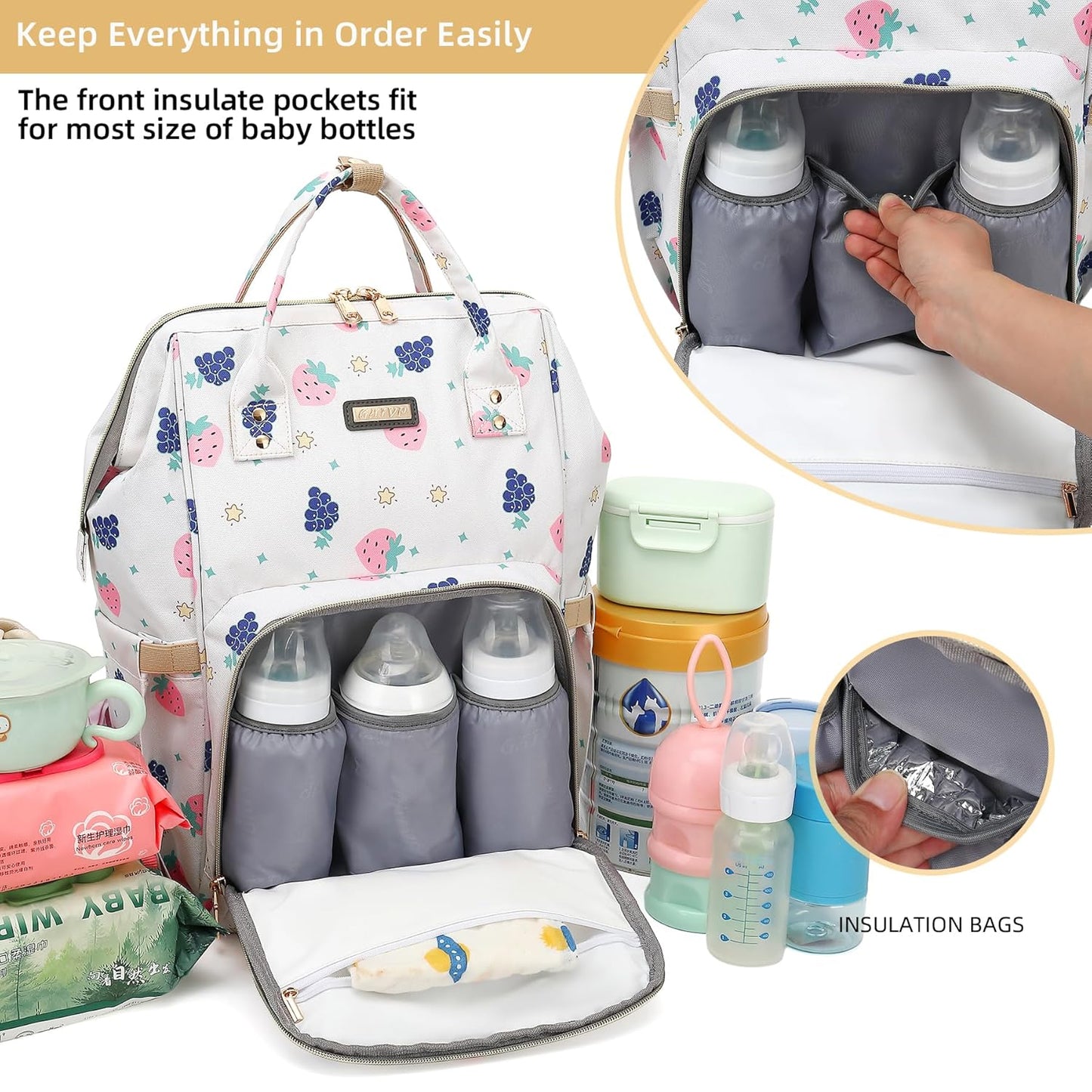 Diaper Bag Backpack, Diaper Bags for Baby Girls Boys, Baby Bags for Moms Dads, Nappy Changing Bag with Insulated Pockets,Multi-functional Waterproof Backpack with Stroller straps-Berry White