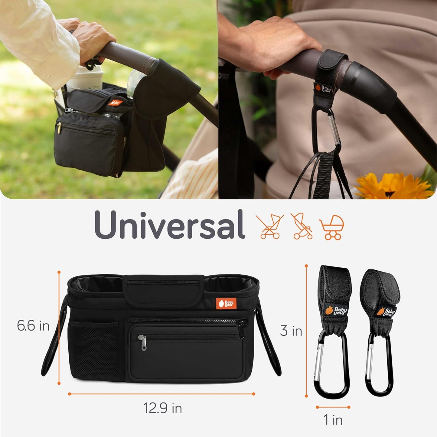 Baby Uma Stroller Caddy & Stroller Hooks - Universal Organizer Bag with XL Insulated Cup Holder, Phone Pocket, Wipes Dispenser, Wrist Bag & Mesh Pocket + 2 Carabiner Clips, Baby Travel Essential Kit