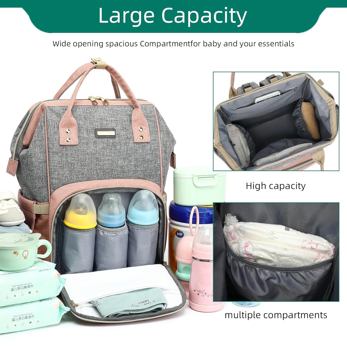 Diaper Bag Backpack, Diaper Bags for Baby Girls Boys, Baby Bags for Moms Dads, Nappy Changing Bag with Insulated Pockets,Multi-functional Waterproof Backpack with Stroller straps-Pink