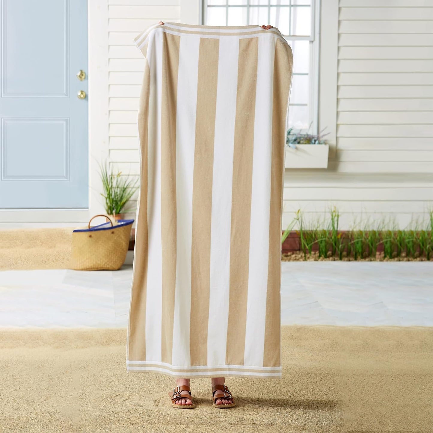 Great Bay Home 100% Cotton Velour 4 Pack Beach Towels 30" x 60" - Taupe Cabana Stripe Pool Towels - Quick Dry, Large Swim Towels