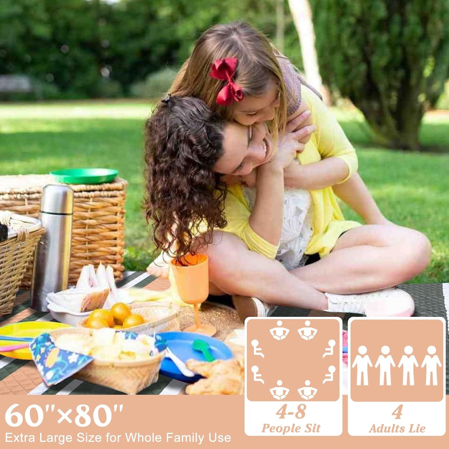 Waterproof Picnic Blanket 80" x 60" in Portable with Carry Strap for Beach Mat or Family Outdoor Camping Party, Park Blanket for Grass Park Hiking Travel, Concerts (Dark Green&White&Orange, 80" x 60")