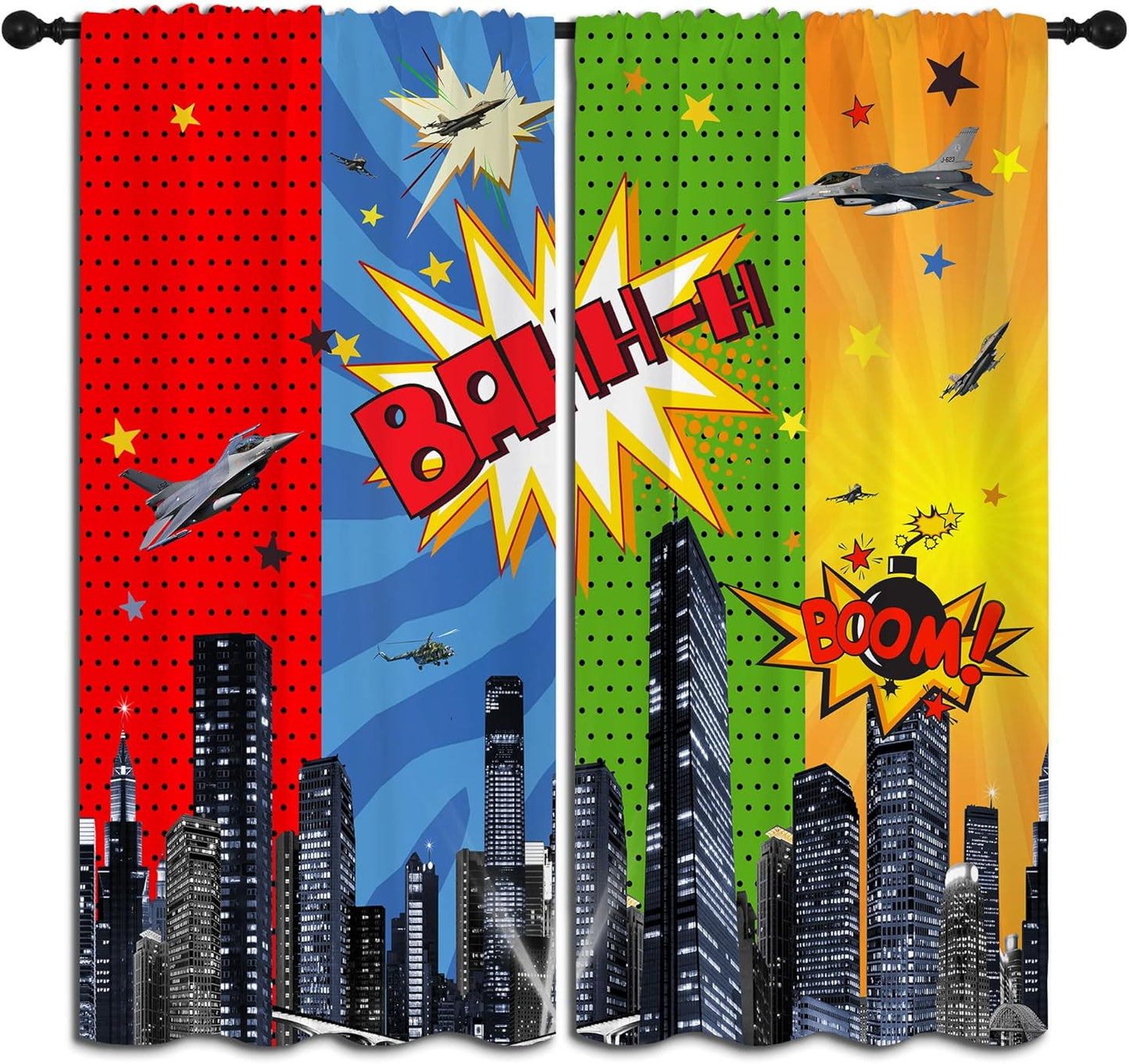 Superhero Rod Pocket Blackout Curtains for Boy Girl Bedroom, City War Explosion Comics Art Thermal Insulated Home Window Drapes for Living Room Darkening, 55x63 inch