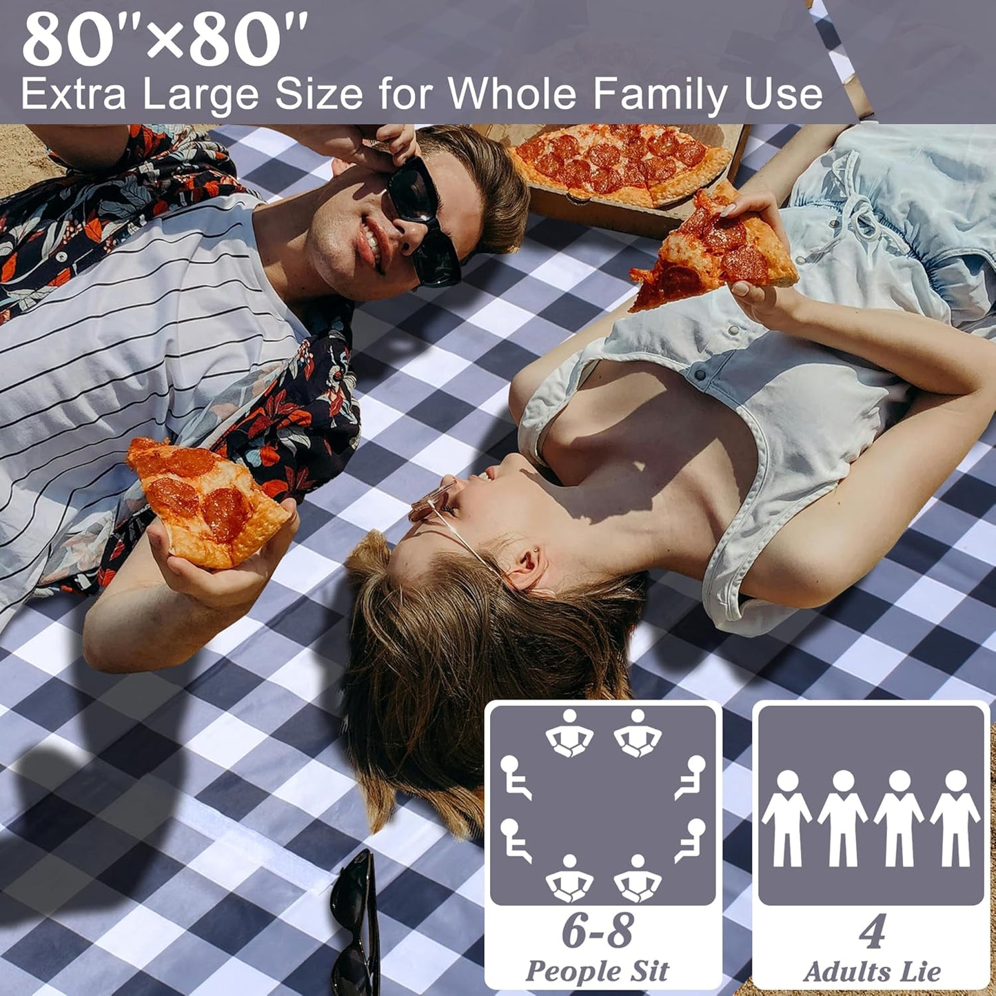 80"x80" Extra Large Waterproof Outdoor Mat - Sandproof Foldable Picnic Blanket for Family Camping, Backyard, Beach Parties - Heavy Duty & Easy Storage (Gray&White)