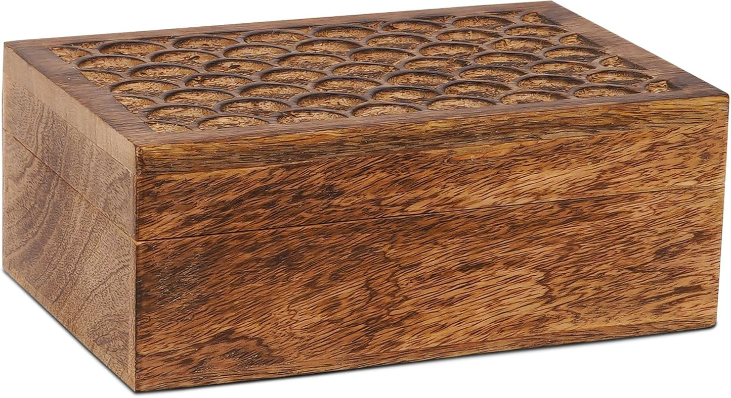 Carved Scallop Mango Wood Box with Lid - Medium Burnt Large Wooden Box - Handmade Decorative Box with Lid for Use As Memory Box, Keepsake Box, Photo Storage Box, and more - 9” x 6” x 3.5”