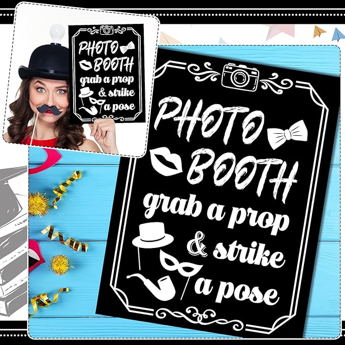 Photo Booth Sign with Stand Retro Background Table for Indoor and Outdoor Party Theme Event Photography Props Desktop Decoration Supplies