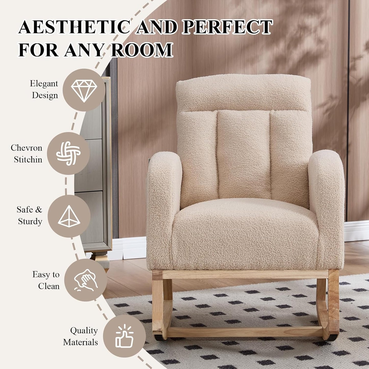 NIOIIKIT Nursery Rocking Chair, Teddy Upholstered Glider Chair with Side Pocket, Glider Rocker Chair with Tufted Back, Comfy Accent Nursing Chair for Living Room (Beige Modern)