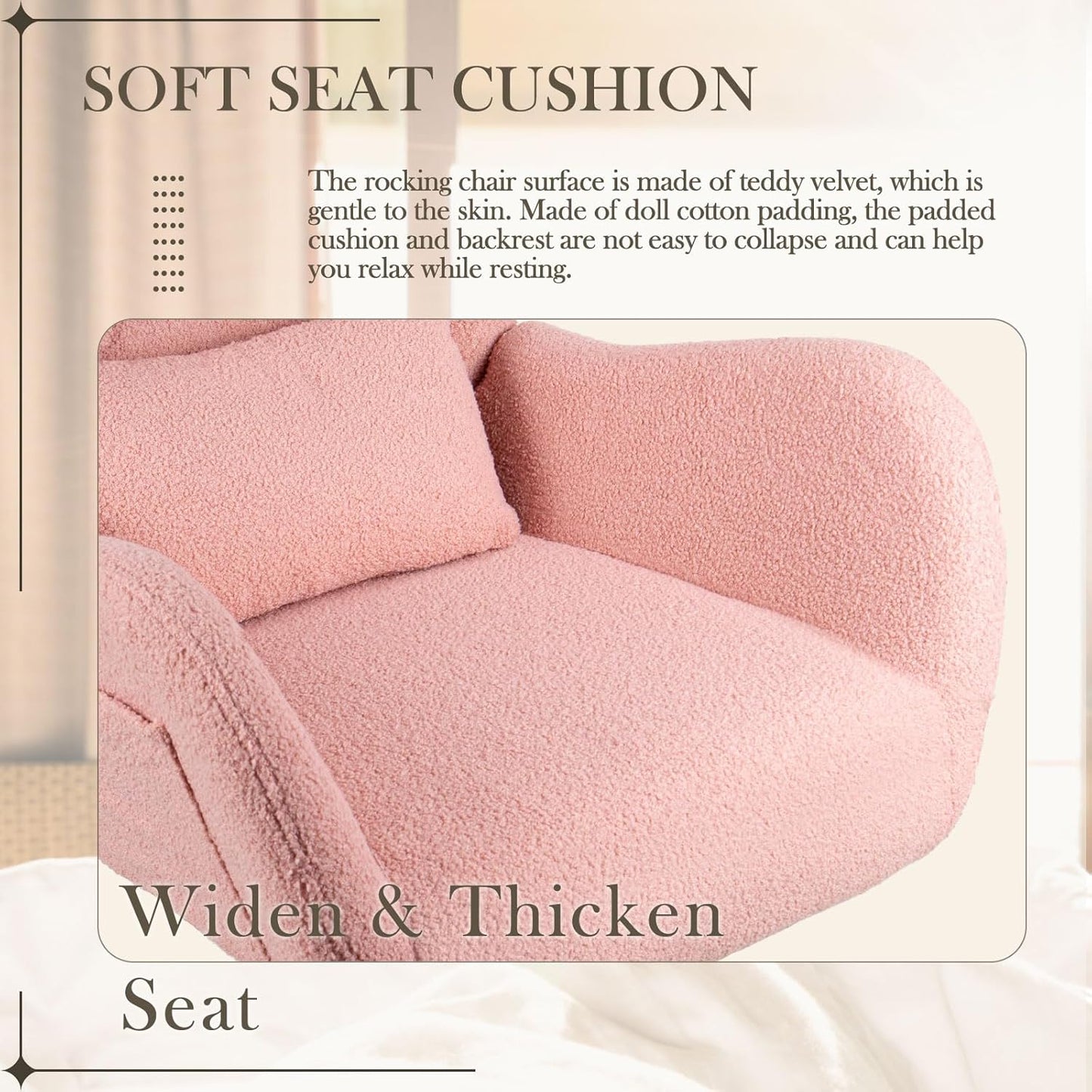 Waleaf Rocking Chair Nursery, Teddy Upholstered Rocking Chair Indoor with High Backrest Glider Accent Chair, Padded Seat Nursing Comfy Chairs for Bedroom (Pink)