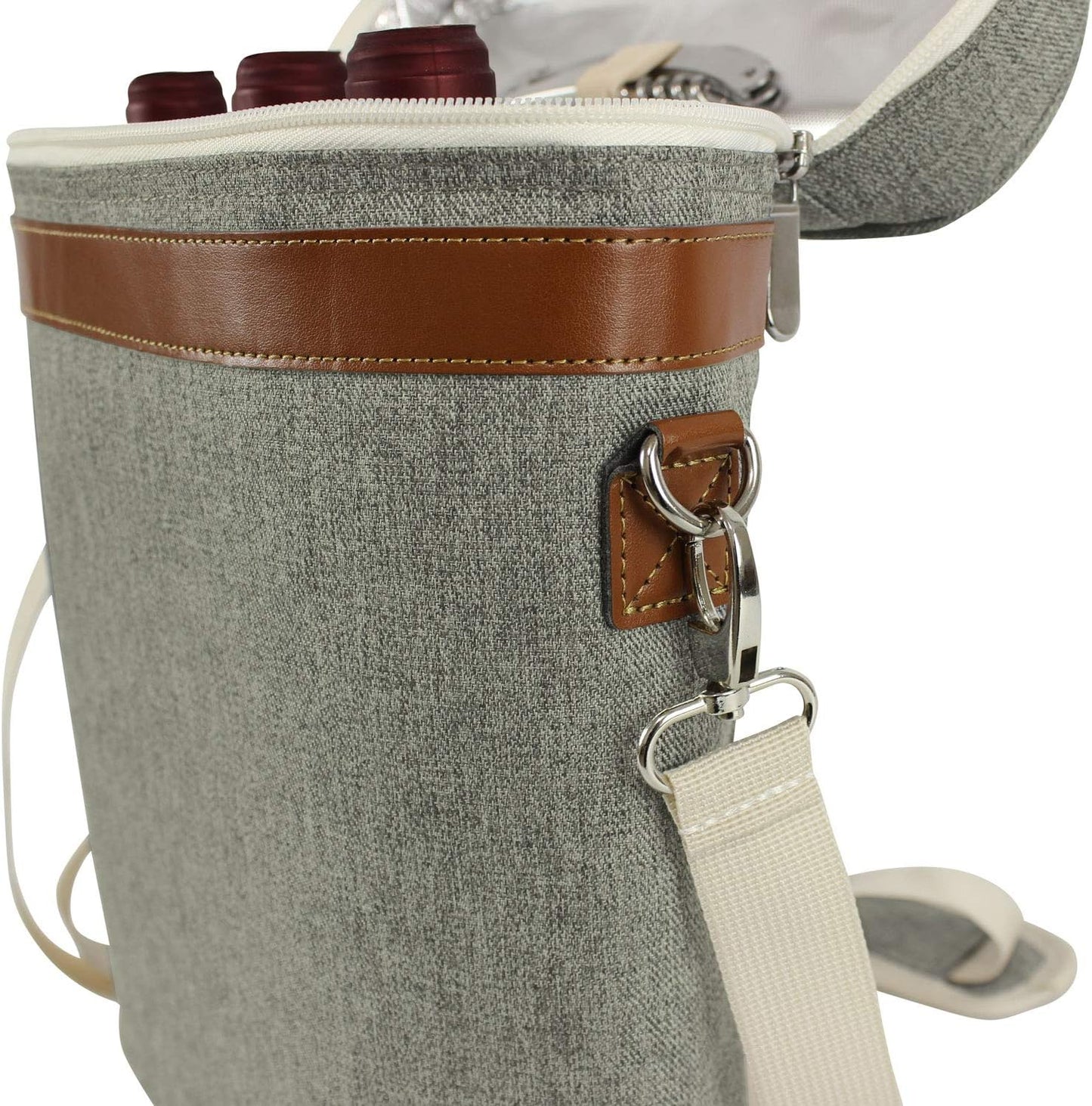 ZORMY 3 Bottle Insulated Wine Tote Cooler Bag, Portable Carrier with Corkscrew Opener and Shoulder Strap for Beach Travel Picnic, Unique Gift for Wine Lovers, Brushed Khaki