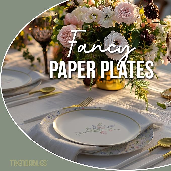 Trendables Heavy Duty Paper Plates Set For 16 Guests - 16 Each Of 8-inch And 10-inch Disposable Plates For Party - Fancy 32 Piece Dinnerware Set For All Occasions | Floral Design, Charm