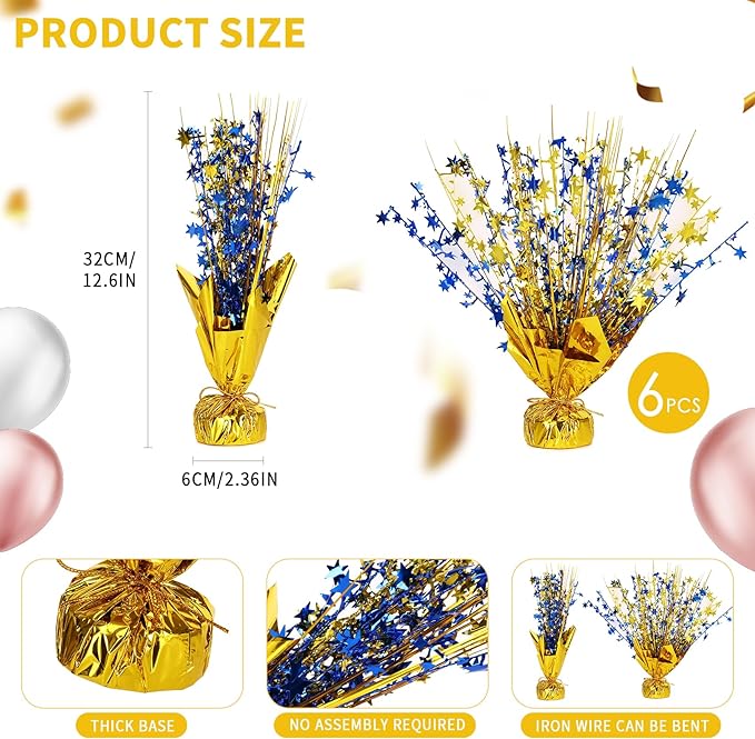 6 Pack Star Table Centerpieces for Party, Birthday Table Decorations for Kids Adults, Party Centerpieces for Tables for Wedding Baby Shower Graduation Holiday Event (Gold NavyBlue)
