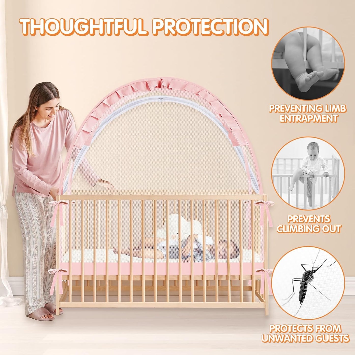 Crib Tent to Keep Baby from Climbing Out - Crib Net to Keep Baby in - Pop Up Breathable Cribs Cover - Canopy with Upgrade Strong Mesh and Durable Zipper (Pink, Lager)