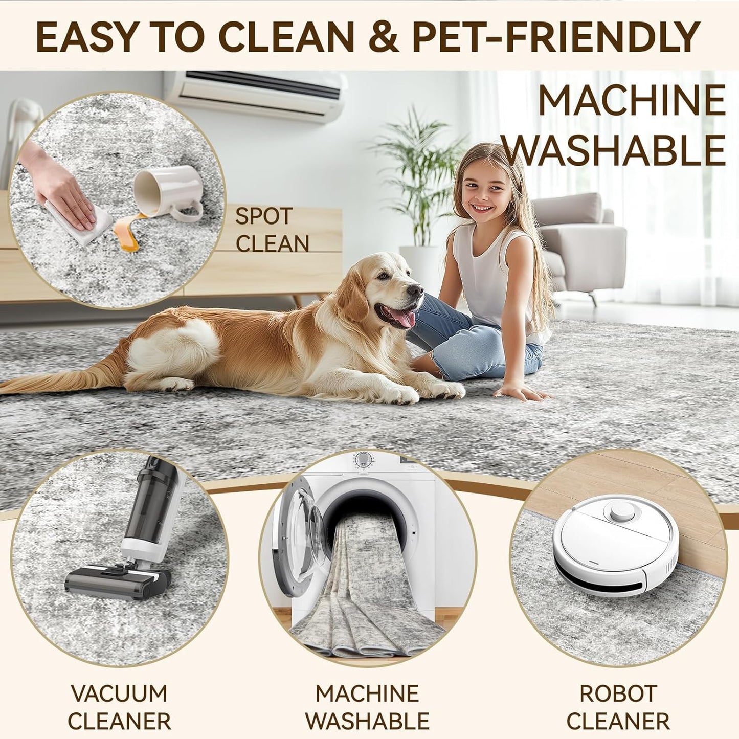 Washable Area Rugs 4ft Non-Slip Modern Abstract Soft for Living Room Entryway Bedroom Nursery, Print Pattern, Gray White Grey