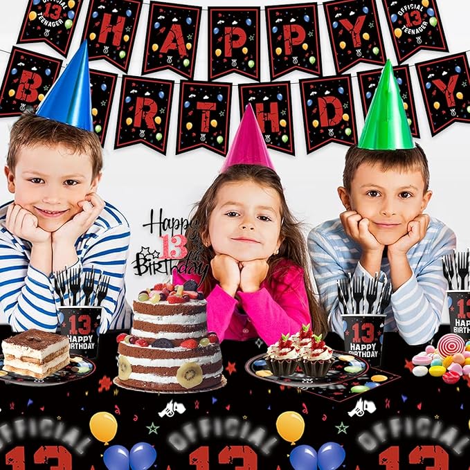 123pcs 13th Red and Black Party Decorations,Happy Birthday Banner Flags Paper,cups Straws Forks Cake Toppers Dessert plates Tablecloths and dinner plates,Officially a Teenager 13th Birthday Supplies