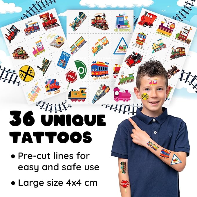 60 PCS Train Party Favors Set - 36 Temporary Tattoos Sticker & 24 Slap Bracelets for Kids, Perfect for Birthday Parties, Classroom Rewards and Gifts
